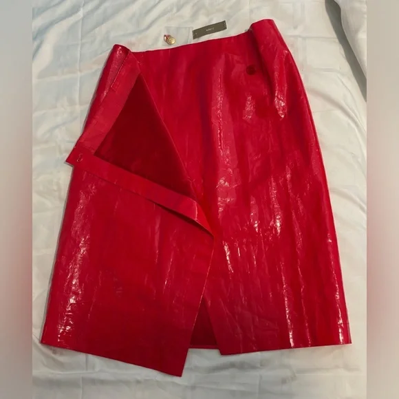 J.CREW Collection Red Laminated Linen Wrap Midi Skirt Size 16 Glossy High Rise - Picture 6 of 15